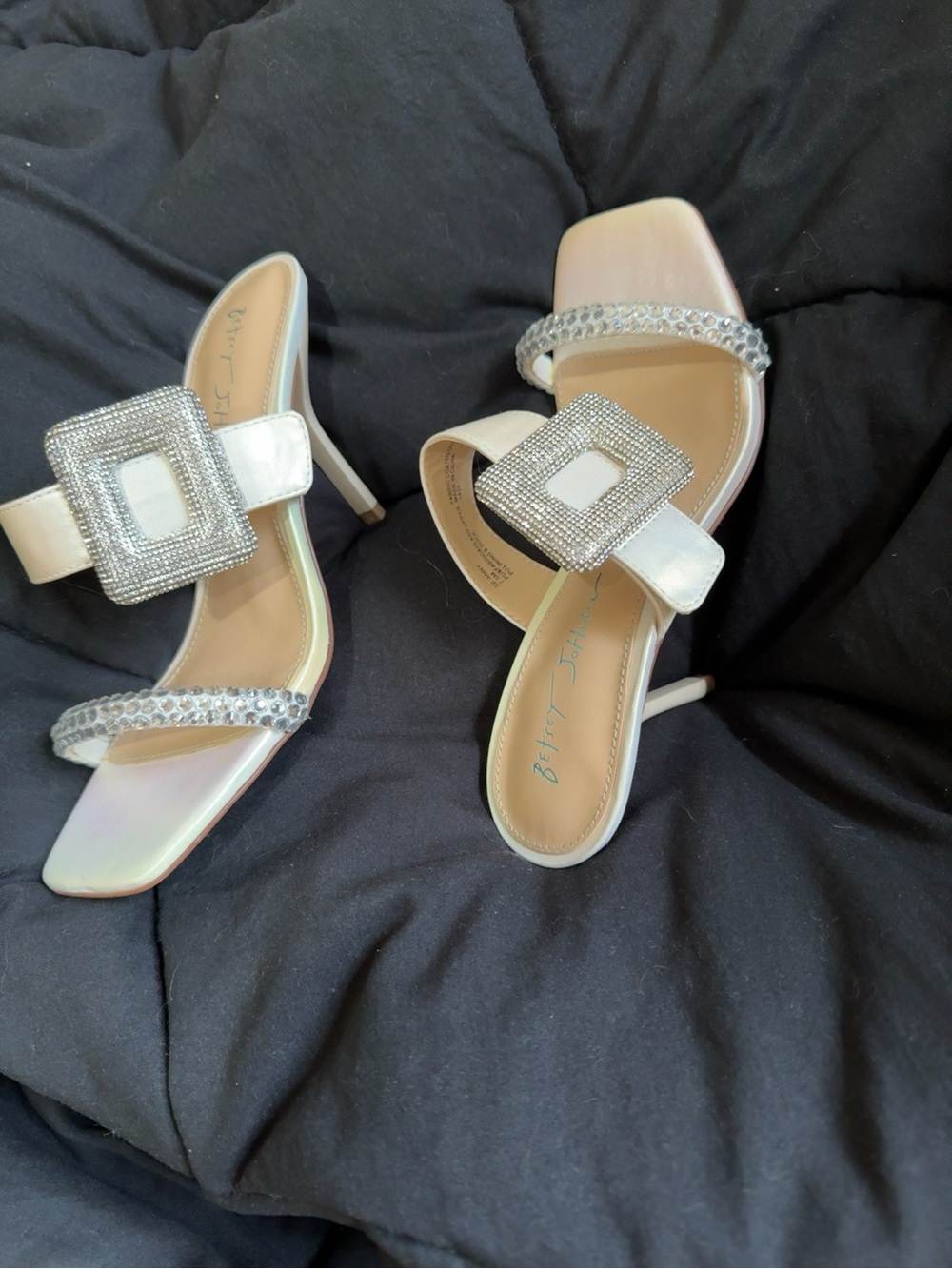 Betsey Johnson Ivory Satin Slide Mules with Crystal Buckles - Picture 2 of 5